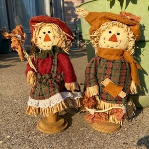 Girl and Boy Scarecrow on Wood Stand Height 12" and 14"